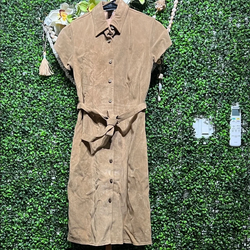 VTG Banana Republic Brown Leather Short Sleeve Midi Button Down Belted Dress-XS - Picture 1 of 6